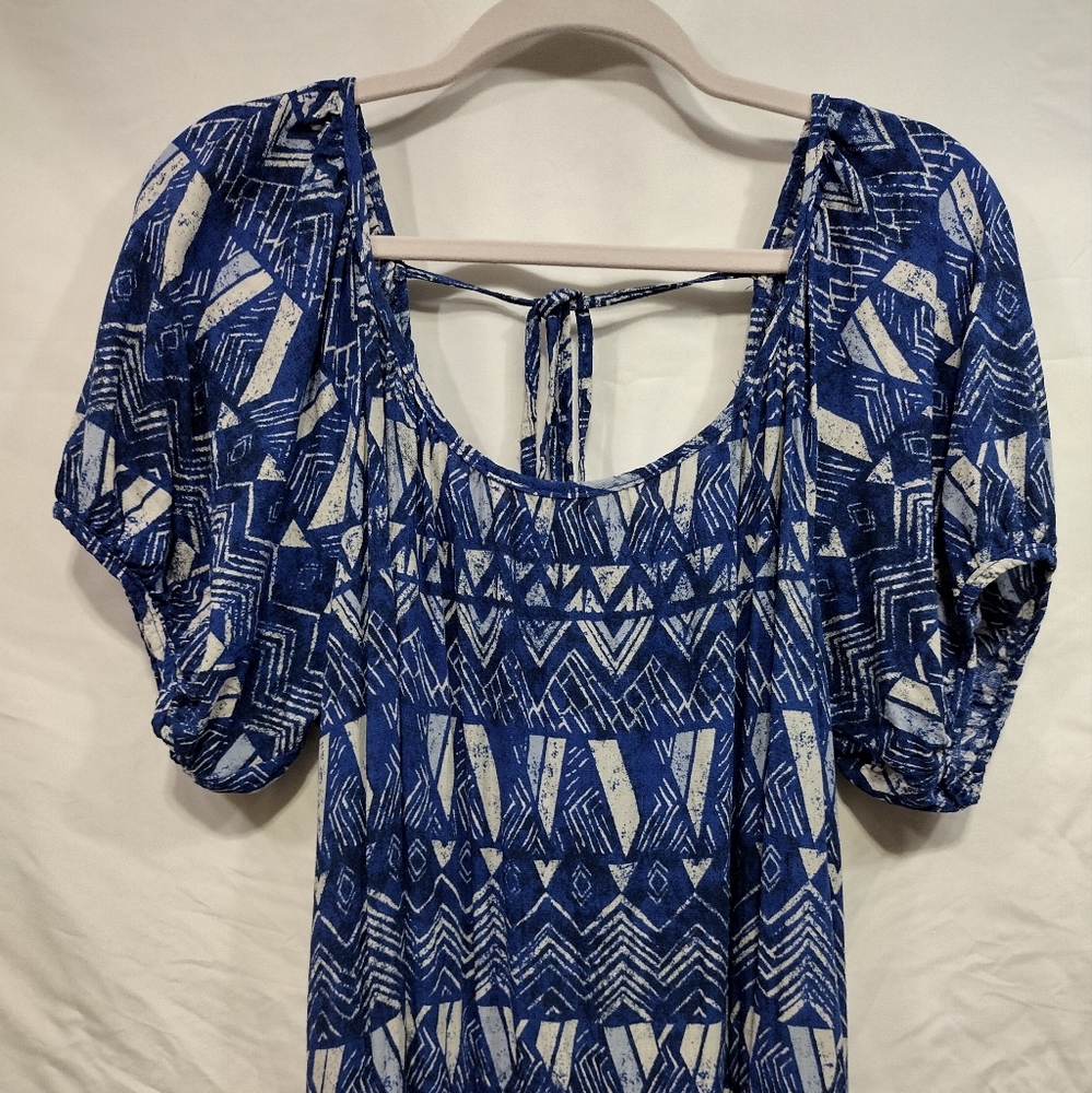 Knox Rose Puff Short Sleeve Tiered Dress Blue Paisley Beach Prairie Size L - Picture 3 of 10